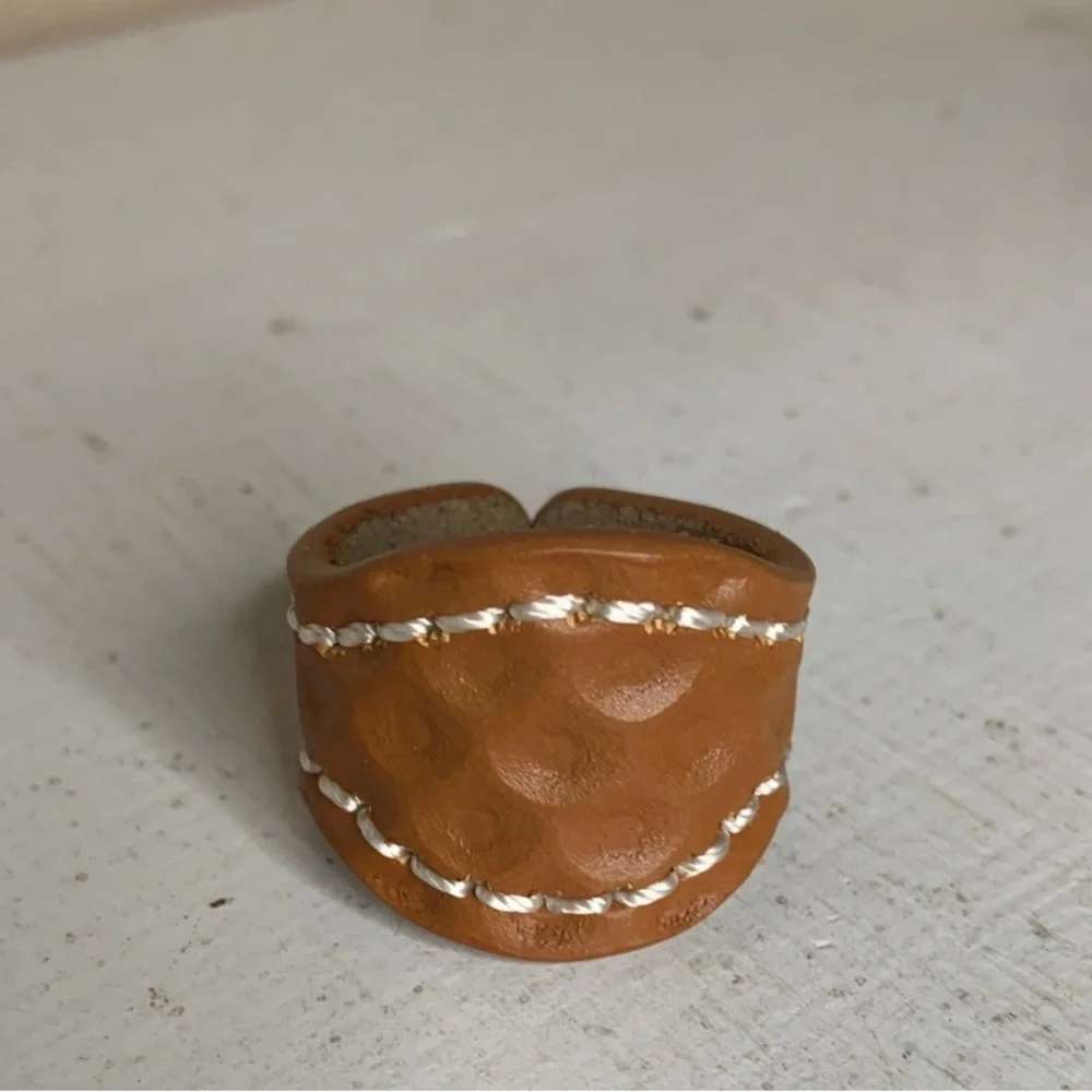 WESTERN Brown Stamped Faux Leather Scarf Ring with White Stitching Accessory
